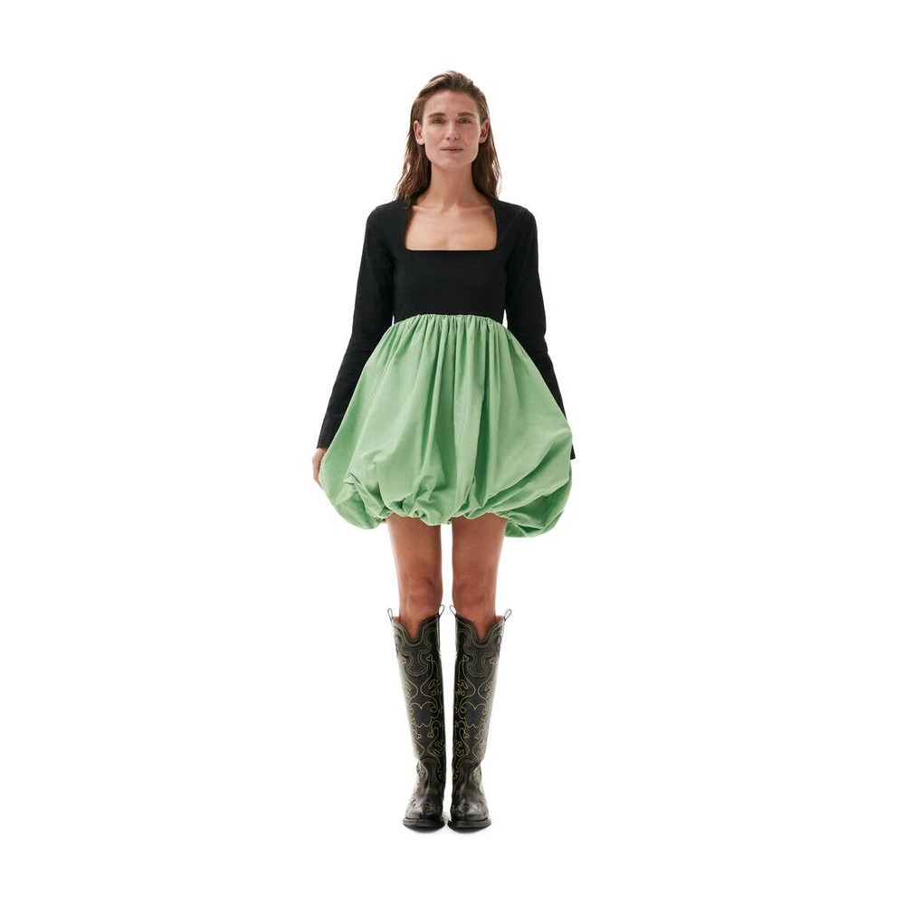 Ganni Taffeta Mix Balloon Mini Dress in Green Black 40 M